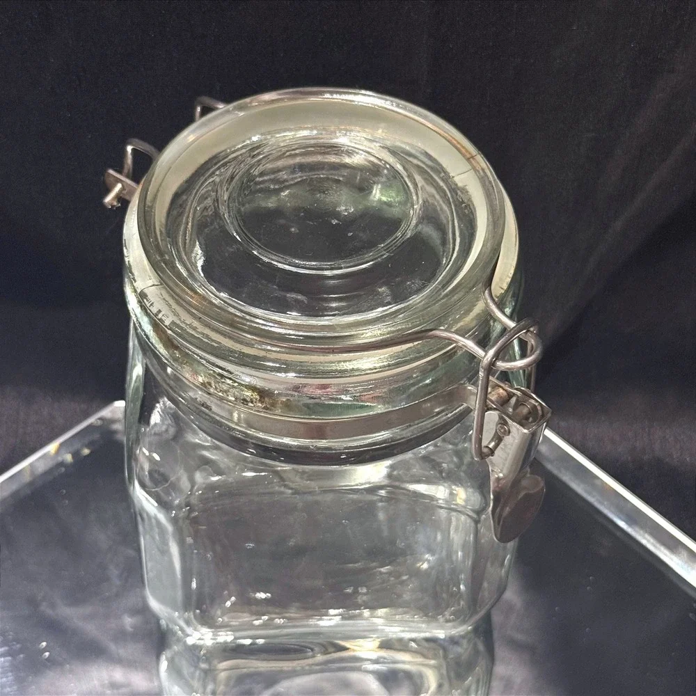 Vintage Italian Clear Square Airtight Glass Jar Wire Bale Clamp Lid Canister